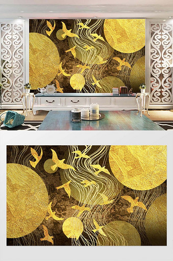 现代简约金色抽象线条飞鸟客厅背景墙图片