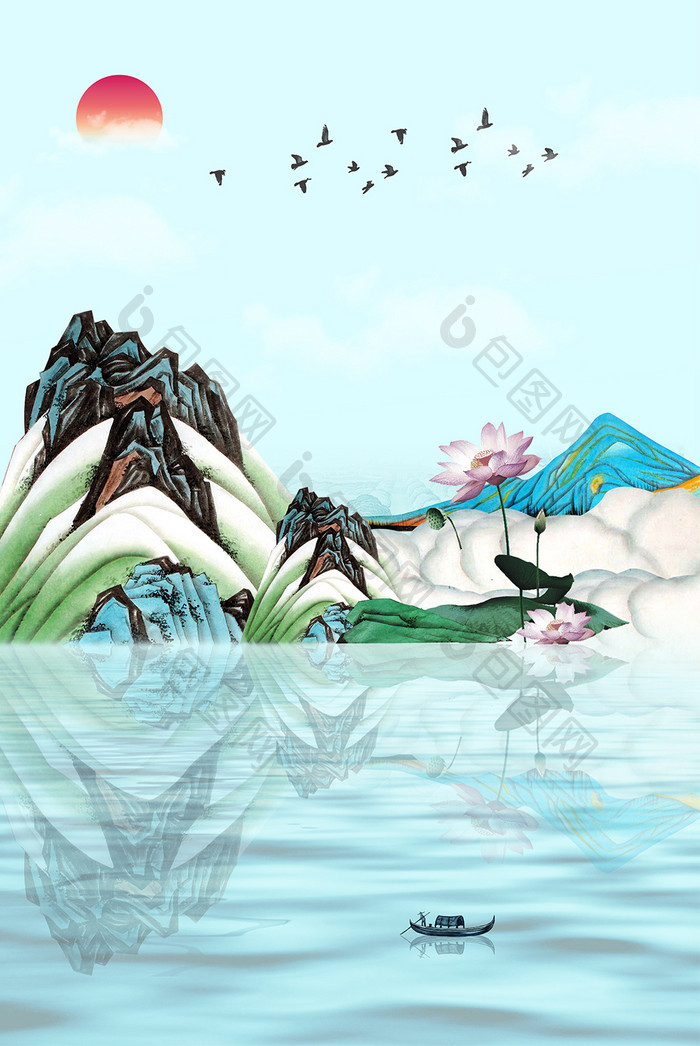 新中式山水风景飞鸟装饰画