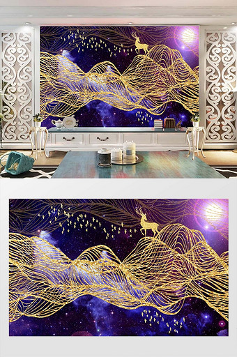 现代金色抽象线条麋鹿客厅背景墙图片