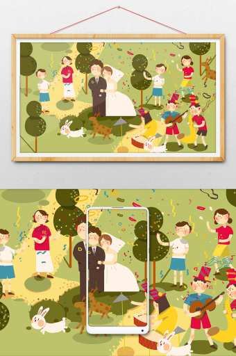 小清新卡通婚礼场景插画图片下载