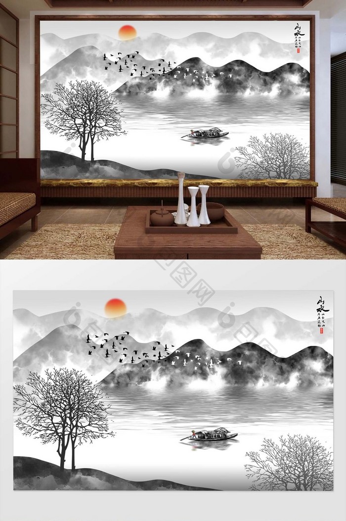 新中式手绘水墨山水背景装饰画壁纸