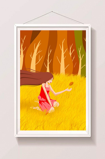 清新梦幻森林中的女孩立秋节气插画图片