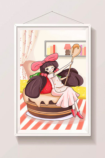 清新卡通女孩和蛋糕美食手绘插画图片