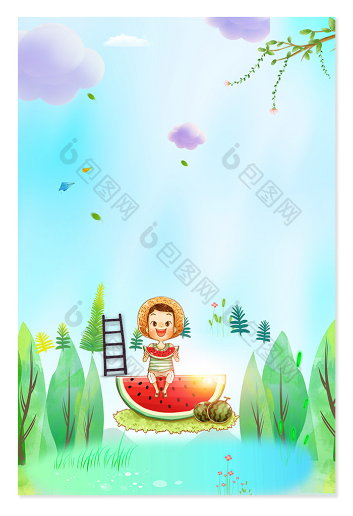 蓝色夏日吃西瓜的小男孩广告设计背景图