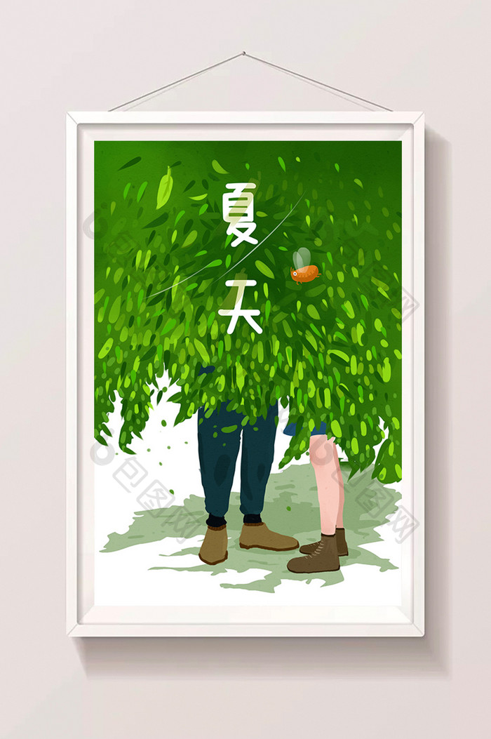 夏季卡通绿色树叶背景情侣插画