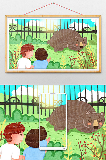 可爱绿色暑假孩子们逛动物园插画图片