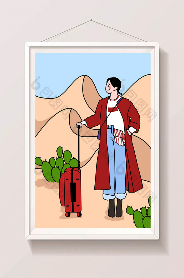 描边风沙漠旅行女孩暑期生活插画