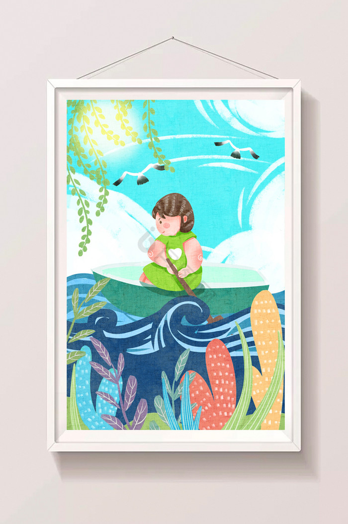 女孩暑天水面划船插画图片