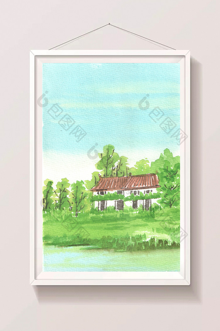 绿色蓝色夏日房屋素材手绘背景风景清新水彩
