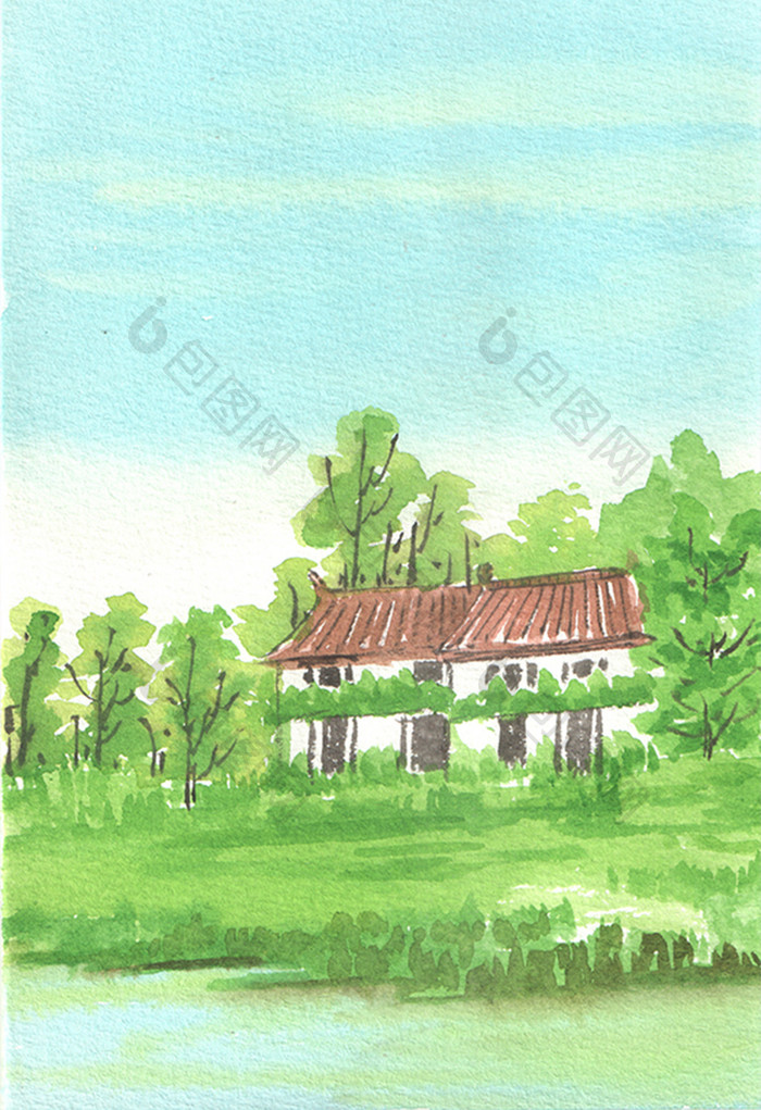 绿色蓝色夏日房屋素材手绘背景风景清新水彩