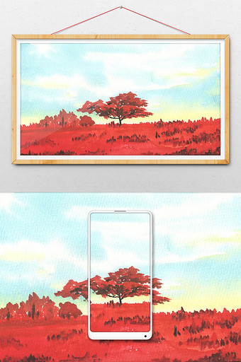 蓝色红色夏日素材手绘背景风景清新图片