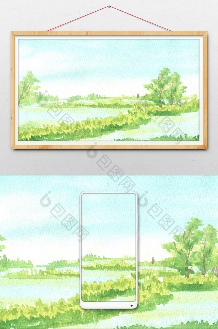 蓝色湿地夏日素材手绘背景风景清新水彩