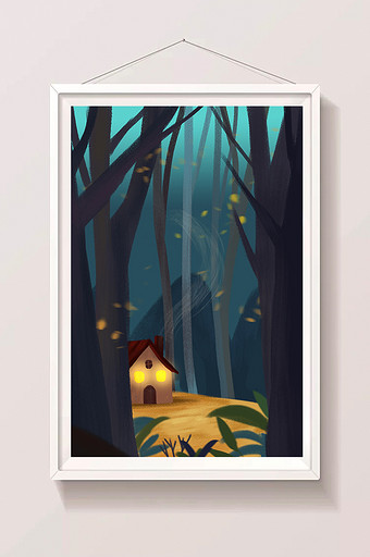 夏天夜晚树林里的小房子手绘插画背景图片
