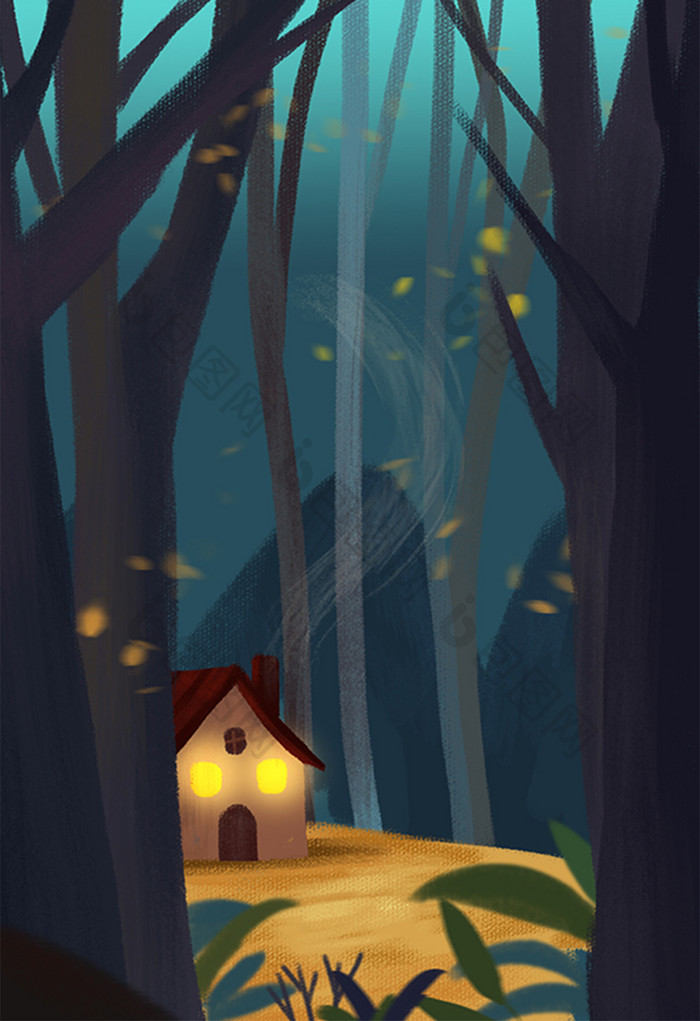 夏天夜晚树林里的小房子手绘插画背景
