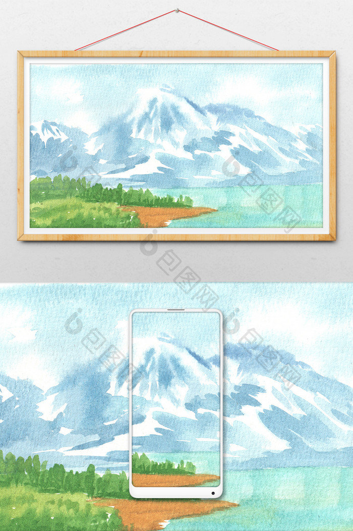 蓝色雪山夏日素材手绘背景风景清新水彩