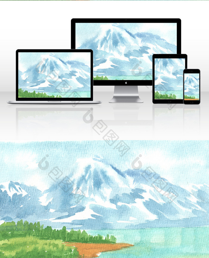 蓝色雪山夏日素材手绘背景风景清新水彩