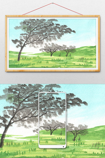 大树蓝色夏日素材手绘背景风景清新水彩图片