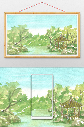 小亭子蓝色夏日素材手绘背景风景清新水彩图片