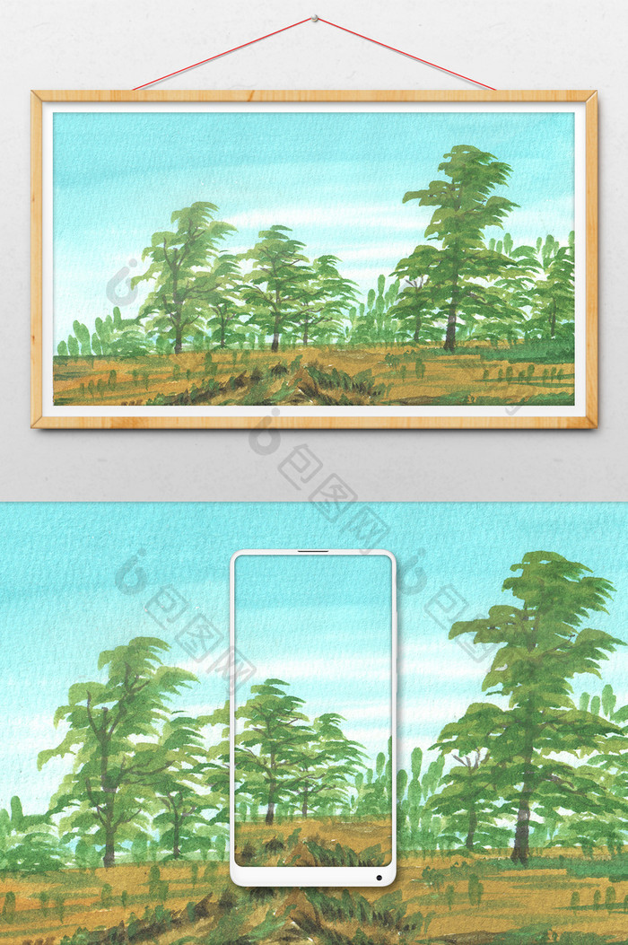 蓝色松树夏日素材手绘背景风景清新水彩