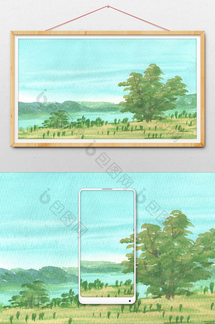 蓝色大湖泊夏日素材手绘背景风景清新水彩