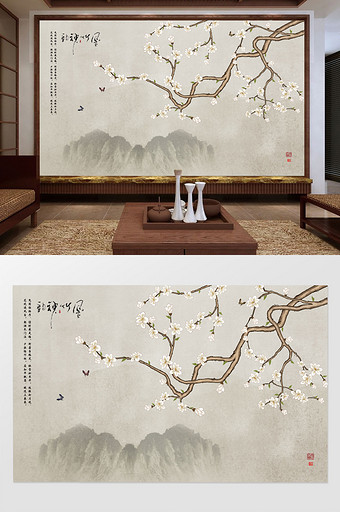 新中式手绘玉兰室雅兰香电视背景墙图片