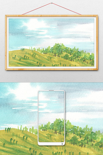 山坡蓝色夏日素材手绘背景风景清新水彩图片