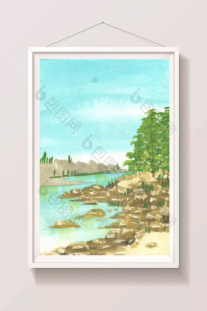 鹅卵石蓝色夏日素材手绘背景风景清新水彩