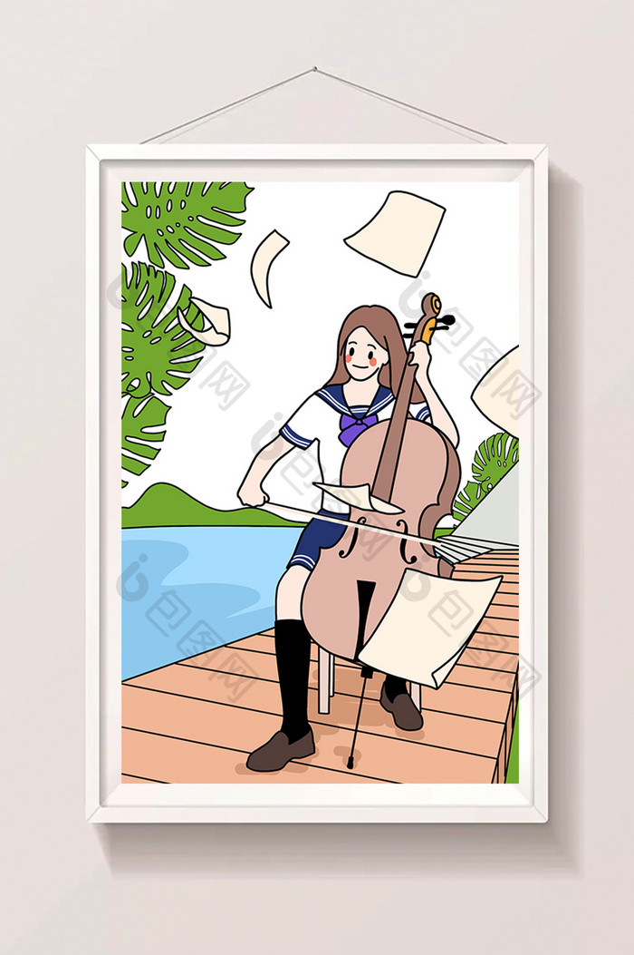 描边风暑期生活拉大提琴校园女孩插画
