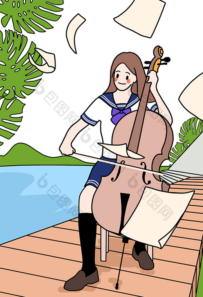 描边风暑期生活拉大提琴校园女孩插画