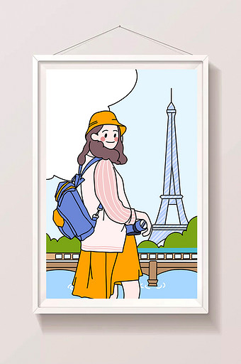 描边风巴黎旅行可爱背包女孩插画图片