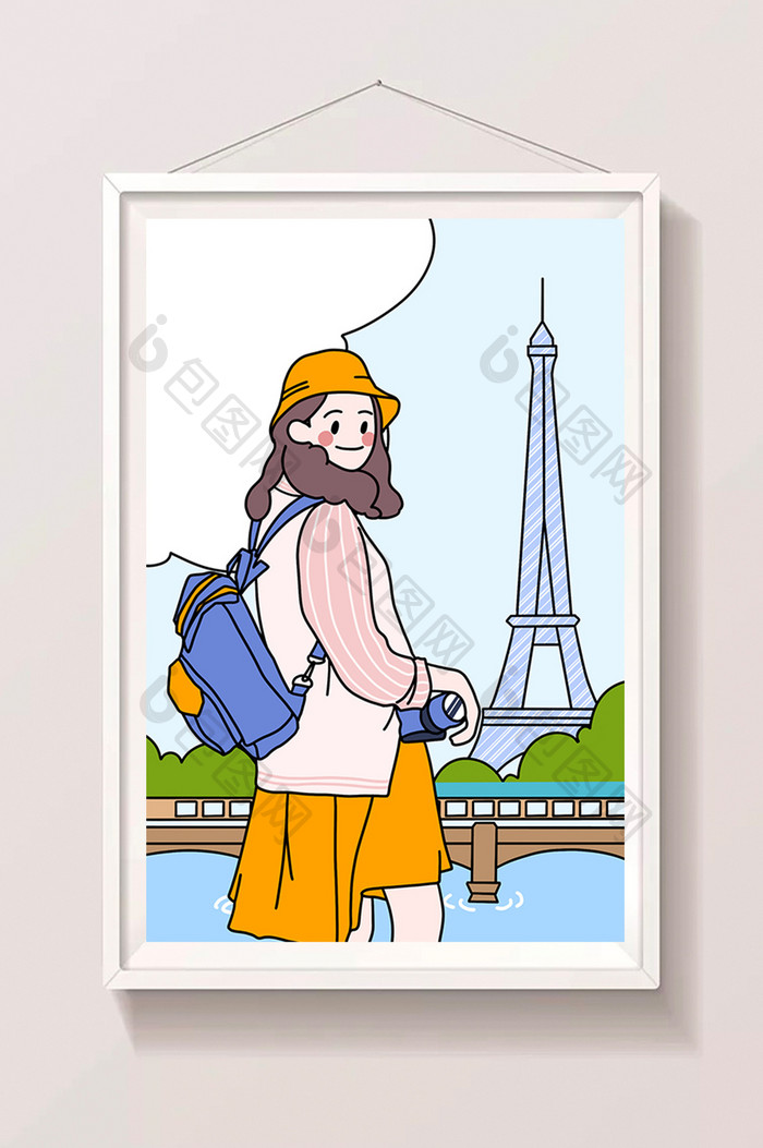 描边风巴黎旅行可爱背包女孩插画