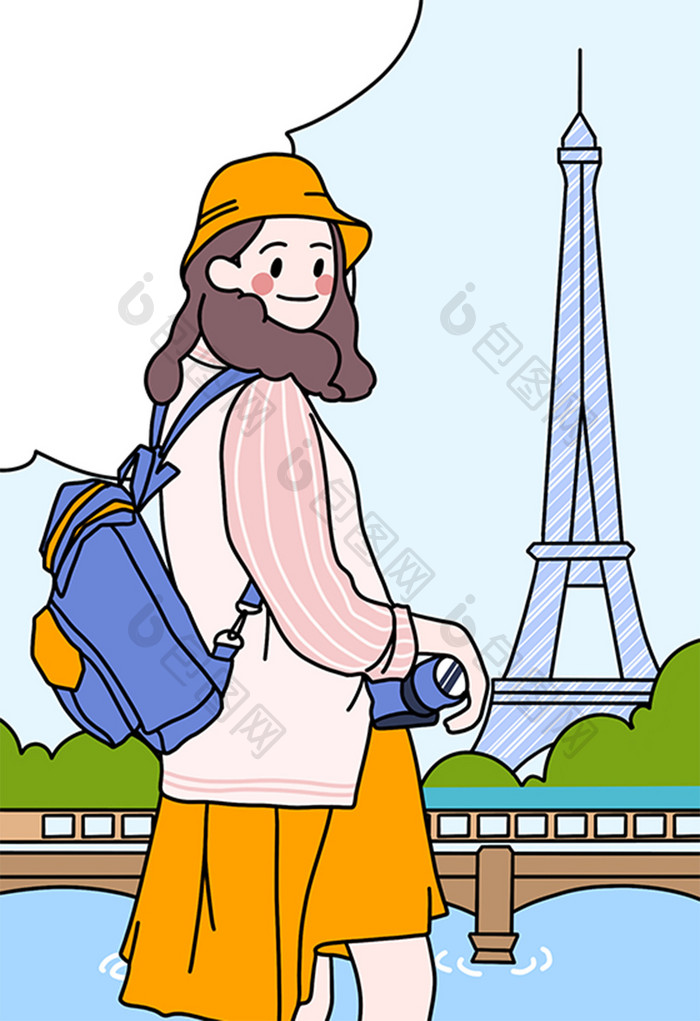 描边风巴黎旅行可爱背包女孩插画