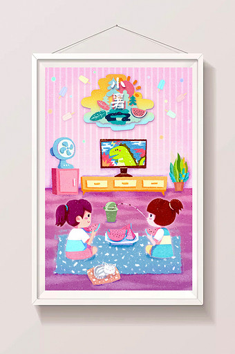24节气夏季小暑姐妹吃西瓜扁平卡通插画图片