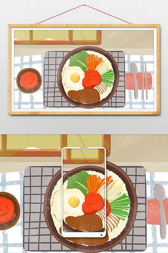 饮食料理食物韩国拌饭手绘卡通插画插图配图图片