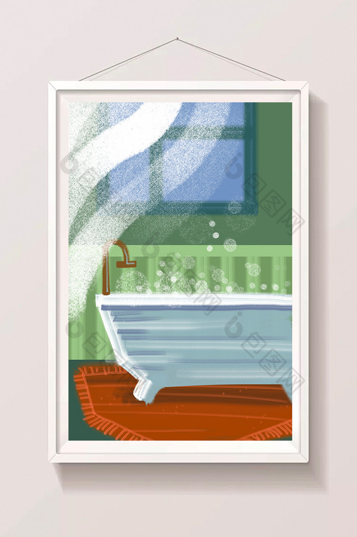蓝色夏夜浴室浴缸手绘插画卡通背景素材