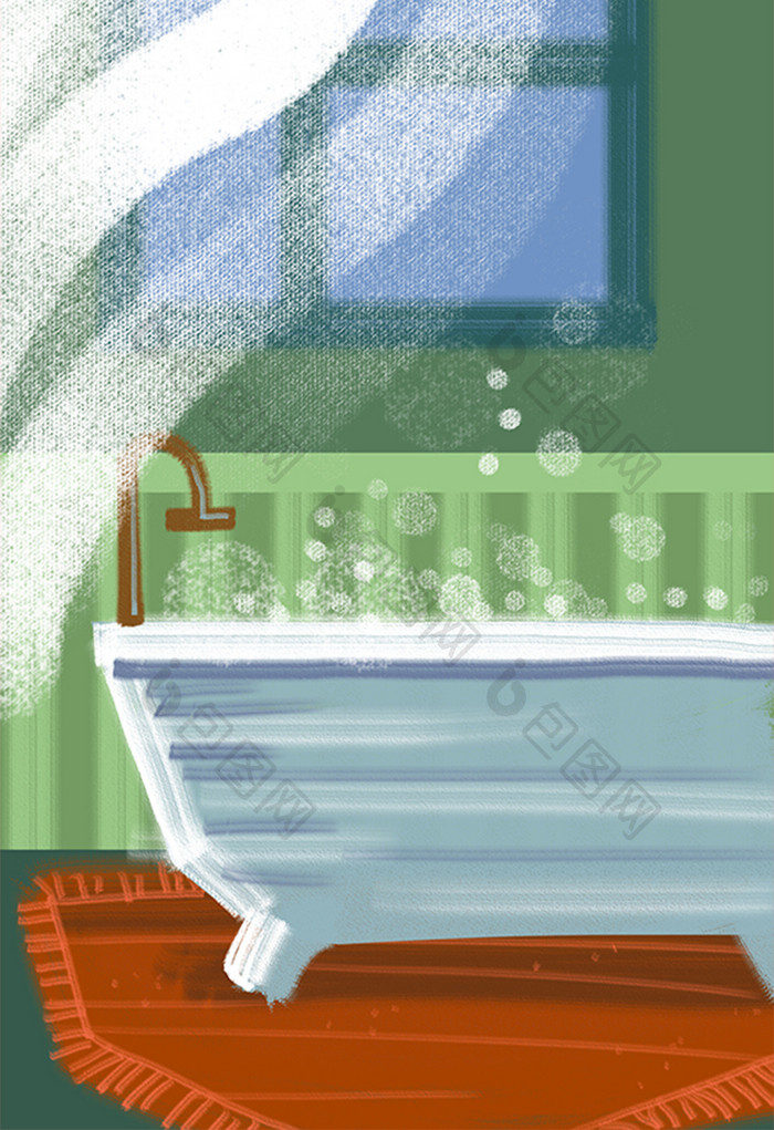 蓝色夏夜浴室浴缸手绘插画卡通背景素材