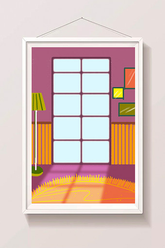 粉色客厅窗户夏日室内插画手绘背景素材图片