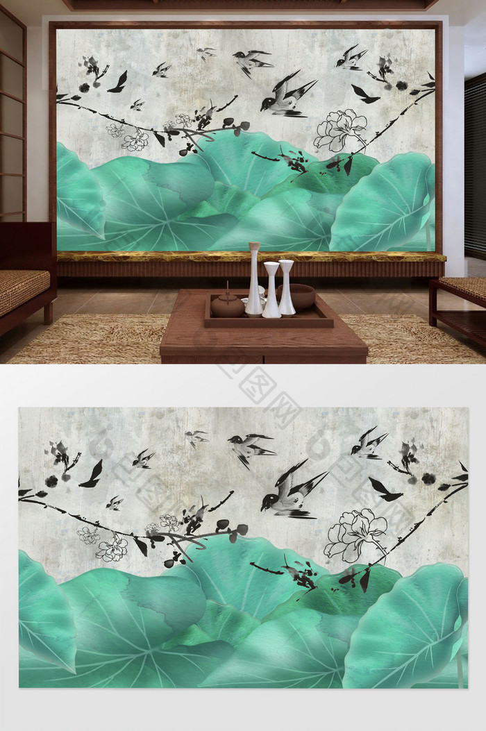 新中式大气唯美清新手绘荷叶花鸟背景墙
