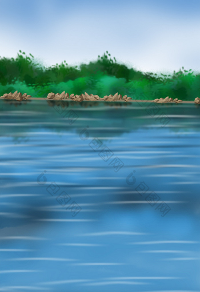 水彩手绘河面湖面草地风景