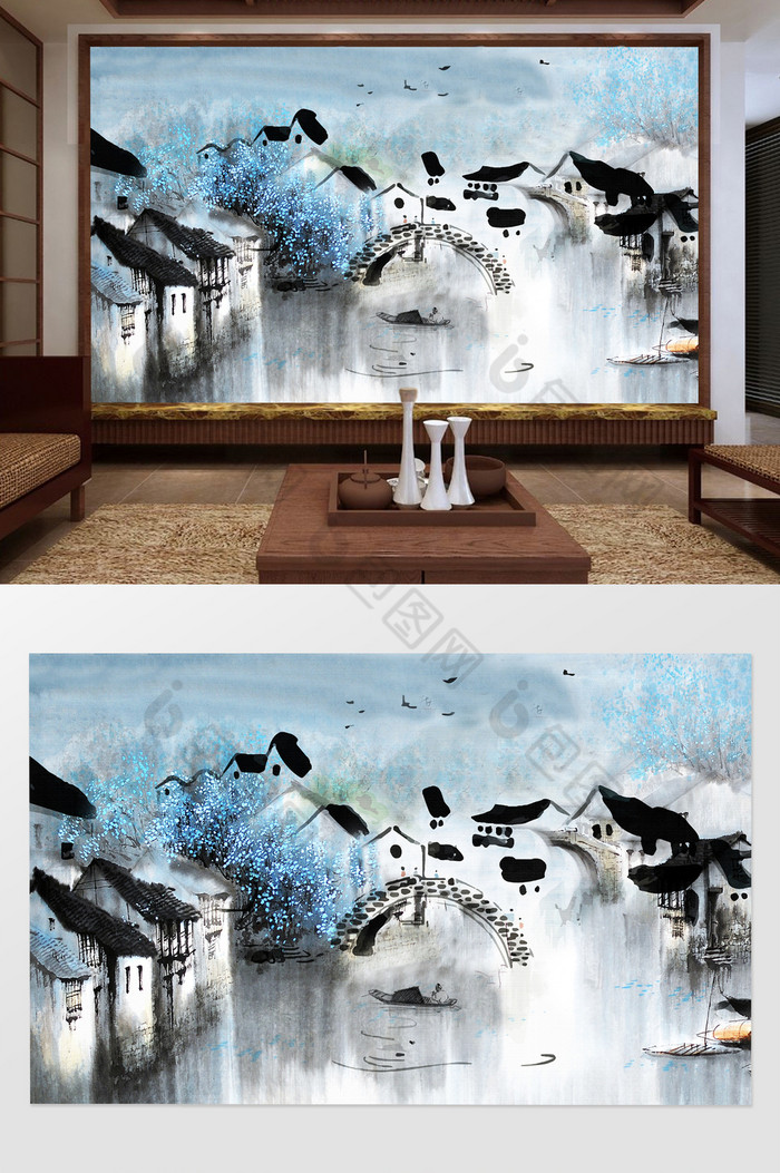 山水古镇中式背景墙定制图片