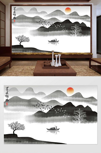 新中式禅风墨意水墨山水背景墙图片