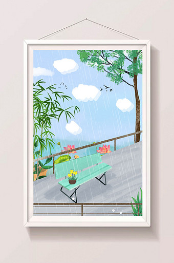 唯美小清新夏日下雨天公路上长椅荷塘风景图片