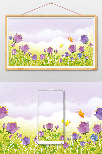 唯美清新紫色郁金香手绘花卉背景图片