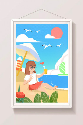 卡通女生唯美小暑夏天大暑夏季夏海边插画