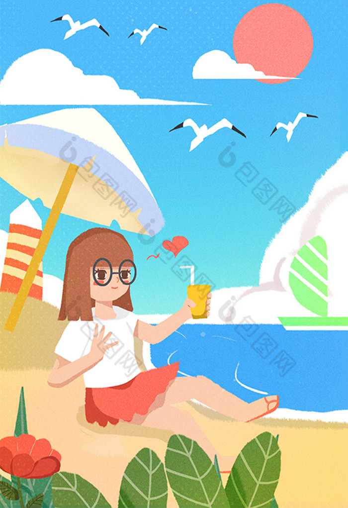 女生小暑夏天大暑夏季夏海邊插畫圖片