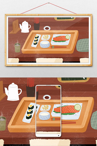 日本日式料理寿司三文鱼米饭美食食物插画图片