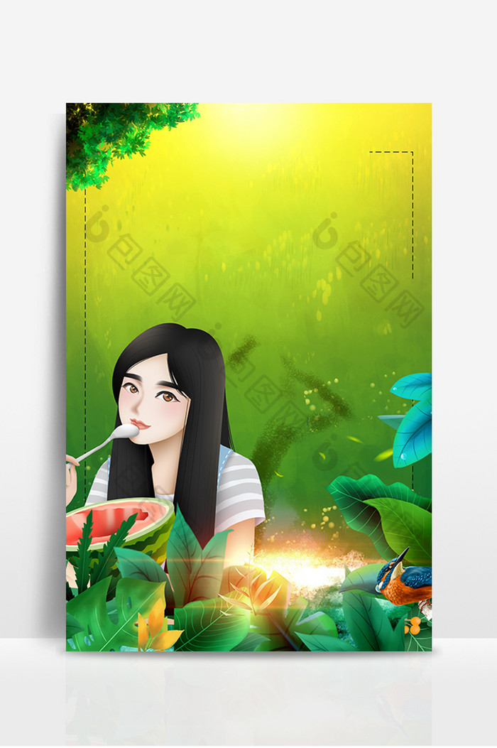 清新夏日吃西瓜的女孩广告设计背景图