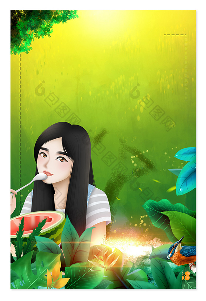清新夏日吃西瓜的女孩广告设计背景图