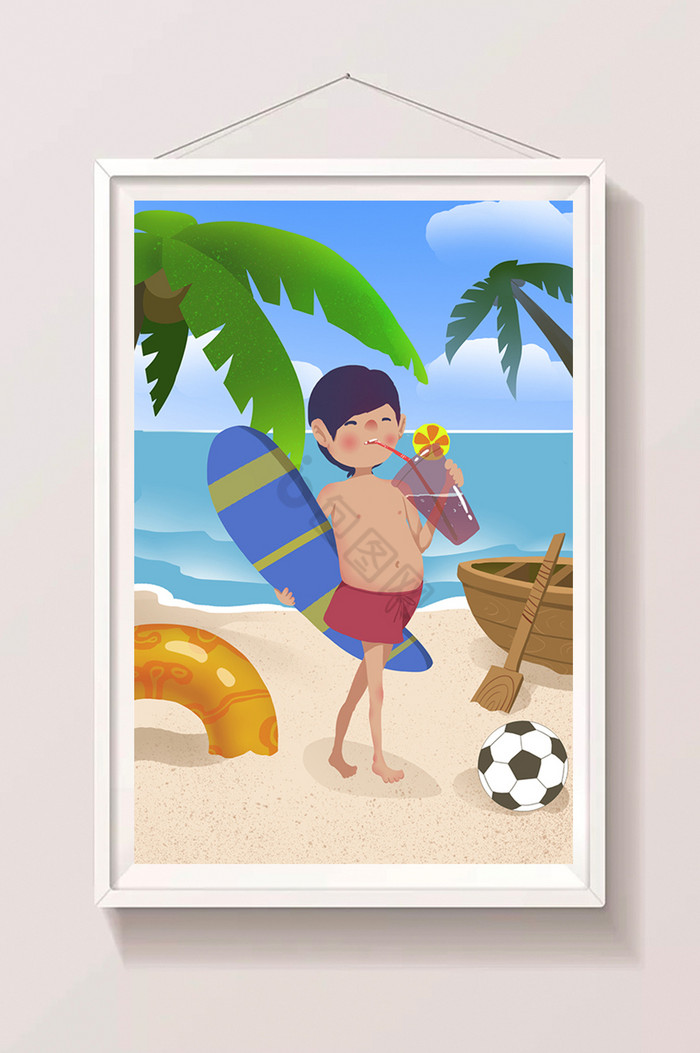 温馨海洋风沙滩冲浪男孩夏日暑假插画图片