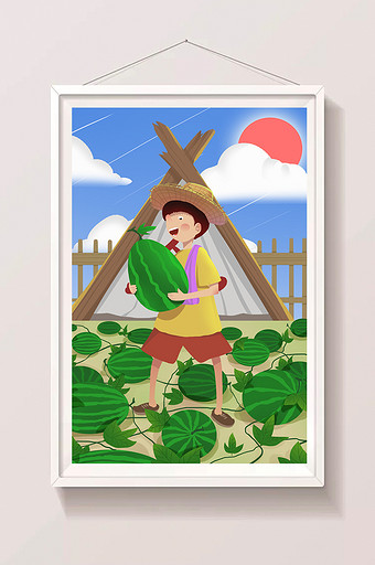 温馨绿色暑期夏日瓜田瓜棚抱西瓜的男孩插画图片